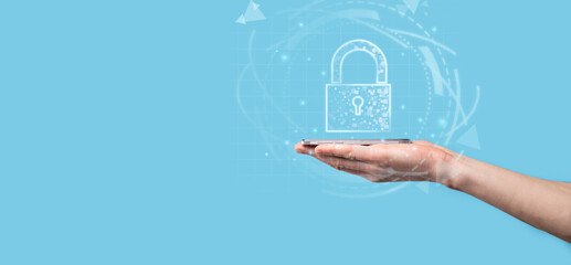 Fototapeta premium Cyber security network. Padlock icon and internet technology networking. Businessman protecting data personal information,virtual interface. Data protection privacy concept. GDPR. EU.digital crime