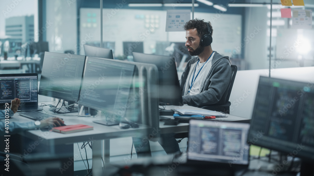 Poster diverse office: white it programmer working on computer. male specialist creating innovative softwar