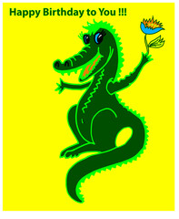 crocodille with flower, happy birthday, cartoon, animal, dragon, vector, illustration, dinosaur, reptile, crocodile, lizard, green, monster, art, funny, alligator, gecko, cute, fun, design, nature