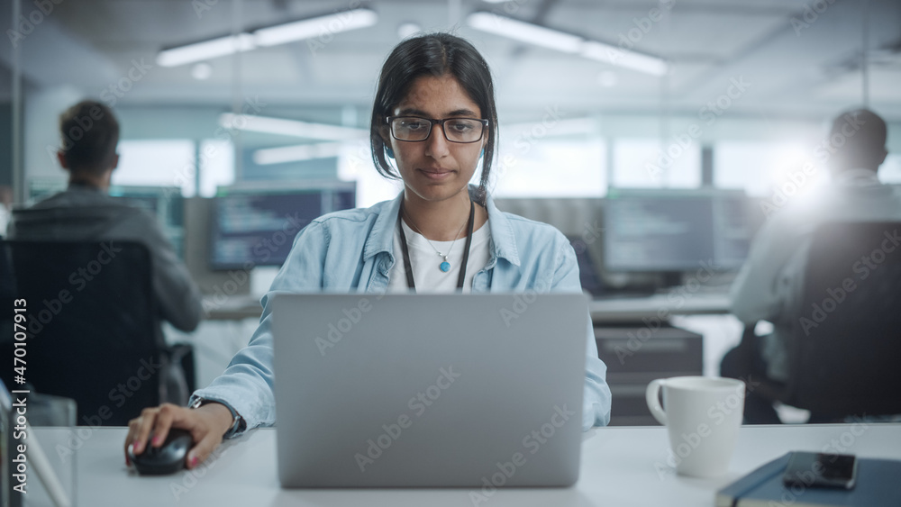 Poster Diverse Office: Portrait of Smiling Indian IT Programmer Working on Desktop Computer. Female Specialist Create Innovative Software. Professional Engineer Develop App.