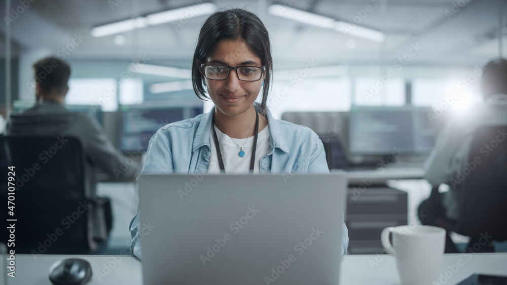 Aufkleber Diverse Office: Portrait of Smiling Indian IT Programmer Working on Desktop Computer. Female Specialist Create Innovative Software. Professional Engineer Develop App.