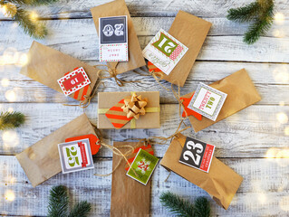 Christmas and new year advent calendar on the wood background  