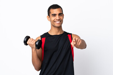 African American sport man over isolated white background points finger at you with a confident expression