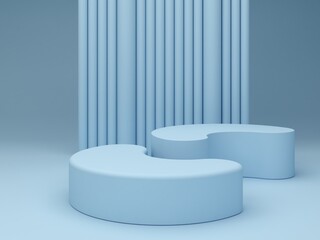Pastel colors shapes on blue pastel colors abstract background. Minimal curved podium. Scene with geometrical forms. Empty showcase, cosmetic product presentation. Fashion magazine. 3d render.
