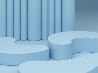 Pastel colors shapes on blue pastel colors abstract background. Minimal curved podium. Scene with geometrical forms. Empty showcase, cosmetic product presentation. Fashion magazine. 3d render.
