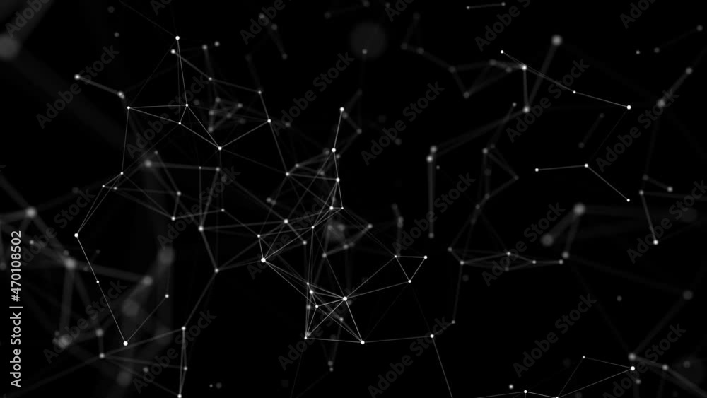 Poster Abstract white plexus of moving glowing dots and lines. Network or digital connection. Technology background. 3d rendering. 4K. Seamless loop.