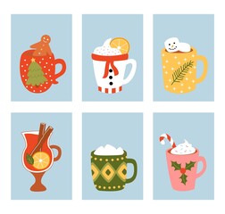Cute set card winter cozy hot drink. Hot chocolate, hot cocoa, hot mulled wine for christmas and new year postcard, typography poster. Vector illustration in flat style.