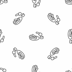 Grey line Churros and chocolate icon isolated seamless pattern on white background. Traditional national Spain dessert, European street food. Vector