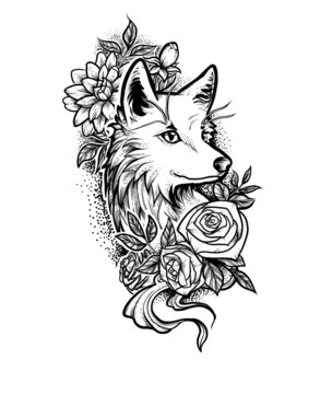 recommend clip art: rose fox plant bouquet animal tattoo design