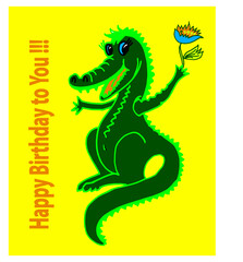 crocodile with a flower, happy birthday, cartoon, animal, dragon, vector, dinosaur, illustration, reptile, crocodile, art, green, lizard, monster, alligator, funny, dino, cute, character, fun, design,