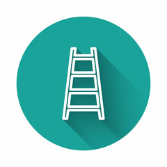 White line Stair with finish flag icon isolated with long shadow. Career growth business concept. Concept of business development. Green circle button. Vector