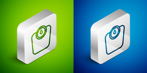Isometric line Bathroom scales icon isolated on green and blue background. Weight measure Equipment. Weight Scale fitness sport concept. Silver square button. Vector