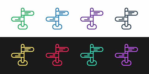 Set line Road traffic sign. Signpost icon isolated on black and white background. Pointer symbol. Isolated street information sign. Direction sign. Vector