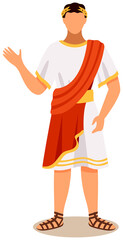Man dressed as roman emperor wearing white tunic draped with red cape golden laurel wreath head of european country. Man in traditional clothes of ancient rome vector illustration on white background