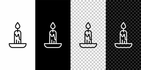 Set line Burning candle icon isolated on black and white, transparent background. Cylindrical candle stick with burning flame. Vector