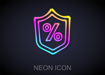 Glowing neon line Loan percent icon isolated on black background. Protection shield sign. Credit percentage symbol. Vector