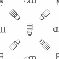 Grey line LED light bulb icon isolated seamless pattern on white background. Economical LED illuminated lightbulb. Save energy lamp. Vector