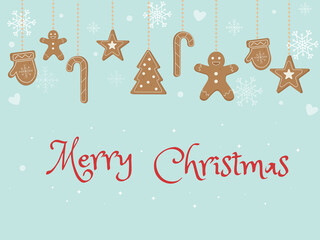 Merry Christmas greeting card or banner template with lettering and gingerbread. Vector illustration