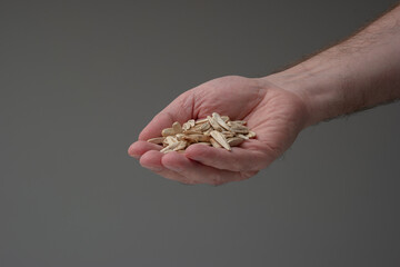 Whole dried sunflower seeds held in hand by Caucasian male hand. Top view, interior shot, shallow...
