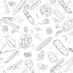 Seamless pattern background of sausage products and meat delicacies. Sausages, bacon, lard, salami in sketch style.