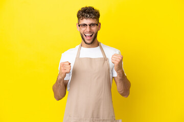 Restaurant waiter blonde man isolated on yellow background celebrating a victory in winner position