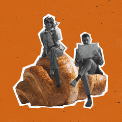 Contemporary art collage of man and woman in retro costumes sitting on delicious croissant isolated...