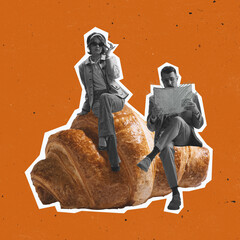 Contemporary art collage of man and woman in retro costumes sitting on delicious croissant isolated over orange background. Vintage style