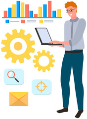 Investment growth with digital technology. Businessman sitting is working on laptop. Accumulating and collecting money. Savings, rich and wealth concept. Man with computer exaggerates profit