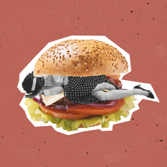 Contemporary art collage of woman wearing retro style costume lying into burger isolated over pink background. Creativity