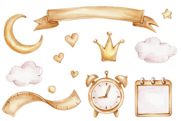 Set with clouds, moon, ribbon, clock, crown; watercolor hand drawn illustration; with white isolated background
