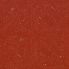 Painted wooden parquet with scuffs and chipped paint. Red parquet background is close. Worn wood 3D-rendering.