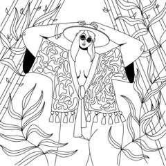 Black and white illustration of a girl in a pareo at night in the jungle.