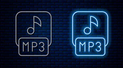 Glowing neon line MP3 file document. Download mp3 button icon isolated on brick wall background. Mp3 music format sign. MP3 file symbol. Vector - obrazy, fototapety, plakaty