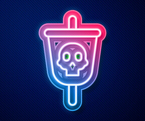 Glowing neon line Pirate flag icon isolated on blue background. Vector