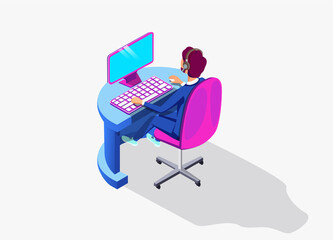 Customer service, programmer coding, operator man, business man entrepreneur, freelancer professional sitting at table with a laptop, with headphones and a microphone.3d isometric illustration