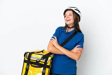 Lithuanian woman with thermal backpack happy and smiling