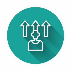 White line Football or soccer player icon isolated with long shadow background. Green circle button. Vector