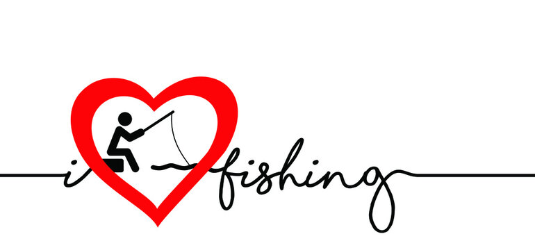 Cartoon stickman, i love fishing withe love heart or fishing with love. Stick figure and fish icon or pictogram. Favorite hobby sport for people.