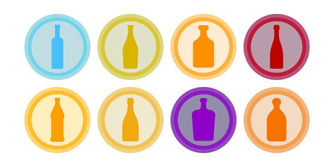 Bottle of vodka, vermouth, rum, red wine, beer, champagne, liquor, tequila. Background is circle. Isolated color object design beverage. Graphic illustration in flat style. Simple icon for restaurant.