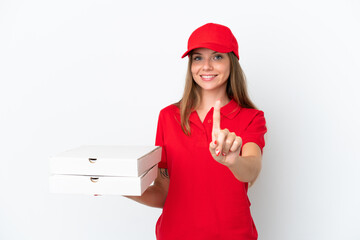 Pizza delivery Lithuanian woman isolated on white background showing and lifting a finger