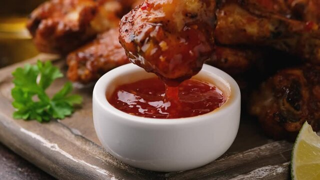 Dipping buffalo chicken wings in sweet chili sauce. fast food.