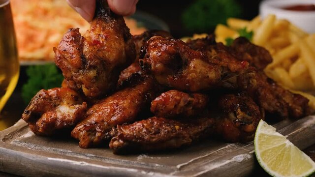Taking buffalo chicken wings with sesame seeds. fast food