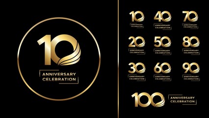 Set of anniversary logotype with wings shape style gold color for invitation, greeting card, precious moment, and celebration event, vector, template, illustration - obrazy, fototapety, plakaty