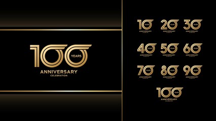 Set of anniversary logotype with double line style wing shape gold color for invitation, greeting card, precious moment, and celebration event, vector, template, illustration