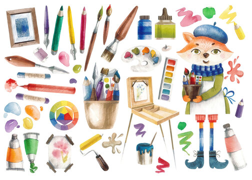 Hand drawn watercolor illustration with cute fox painter and her tools - paints, tubes, easel, palettes,
pencils, brushes, crayons and others. Cute artist characters and tools
artist isolated on white