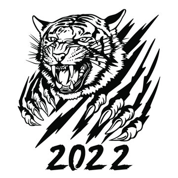 Tiger svg clipart. New Year of the Tiger 2022. Freehand drawing of a tiger. Greeting card, poster, illustration for printing on T-shirts, textiles and souvenirs.
