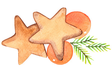 Star cookies with orange ball and paine leaves banner watercolor for decoration on Christmas holiday event and Thanksgiving.