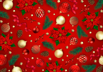 Merry Christmas and Happy New Year. Xmas Festive background with realistic 3d objects, blue and gold balls.
