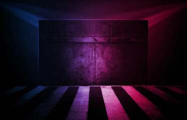 Background rough concrete with neon lights. Texture for display products wall.