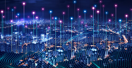 Smart city and digital transformation. Cityscape, telecommunication  and communication network concept. Big data connection technology.
